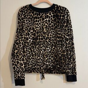 Luxe Soft Velour Leopard Print Elastic Tie Hem Crewneck Pullover Sweatshirt / L